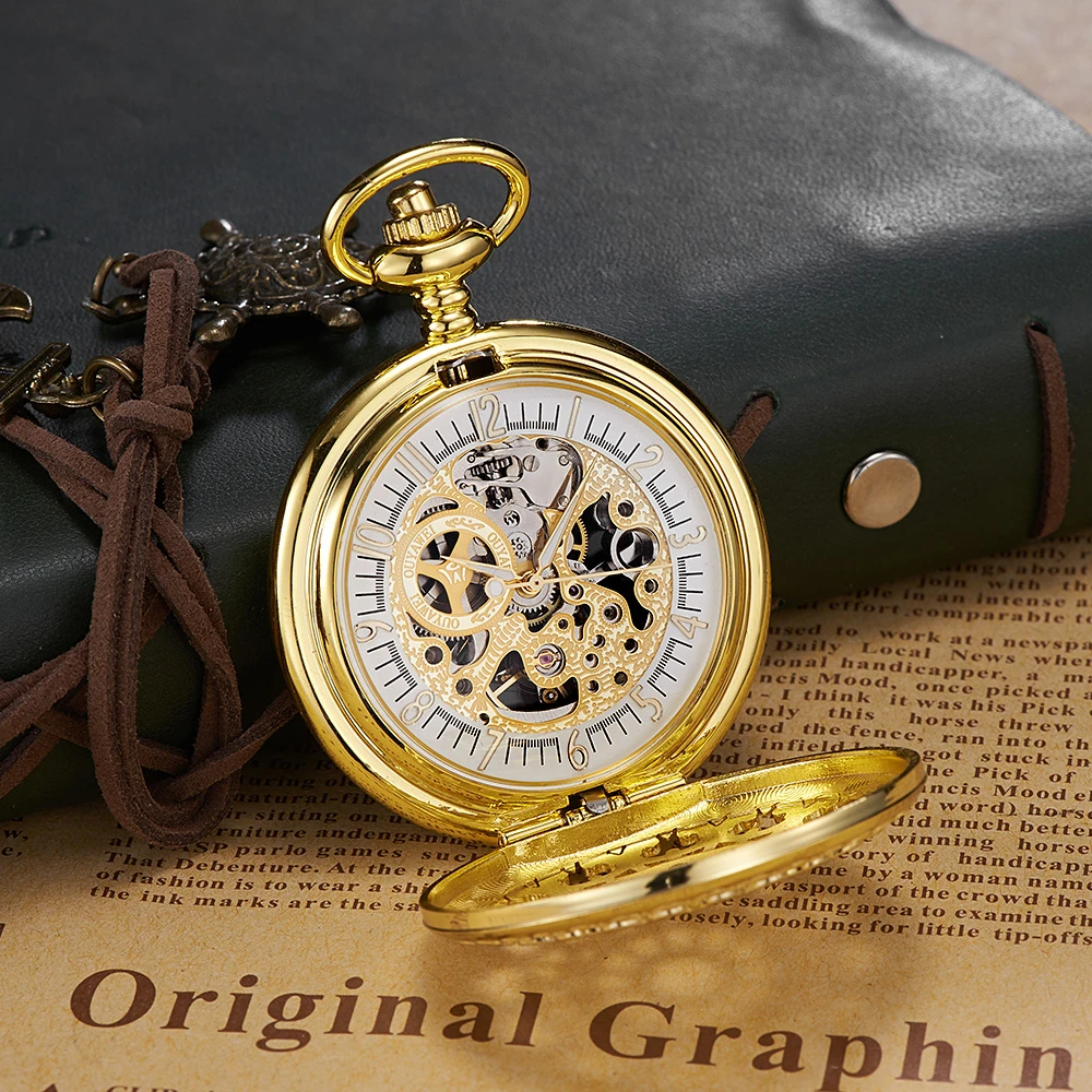 OYW Механические карманные часы для мужчин полностью стальной золотой чехол
