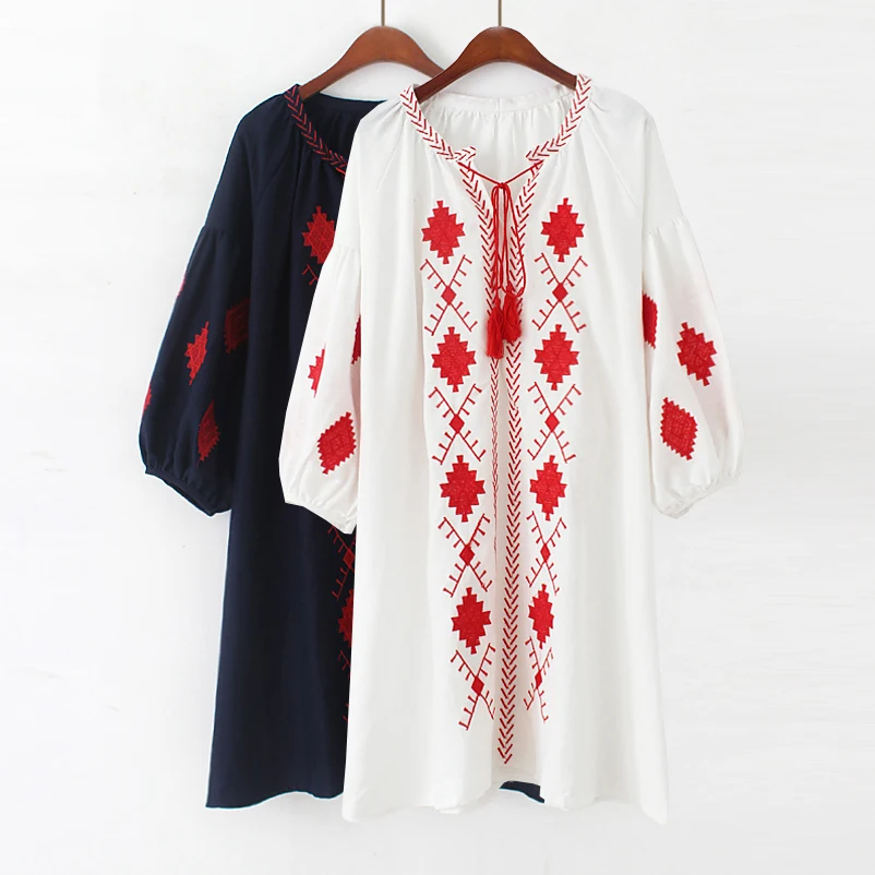 Hippic Chic Boho People Mexican Dress Women Autumn Summer Embroidery Runway White Black Blue Vintage Retro Loose Dresses | Женская