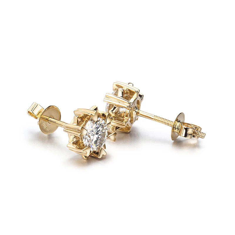 Классические серьги гвоздики из 18 каратного желтого золота круглой формы 1 карат