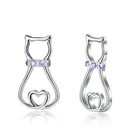 100 genuine 925 sterling silver hollow cat stud earrings for women girls cute grass purple stone earrings women jewelry gift