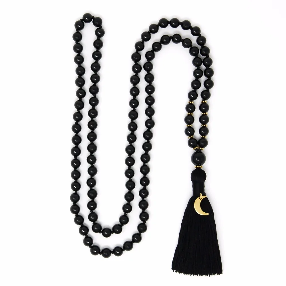 108 mala beads Necklaces Black Onyx necklace Hand Knotted tassel Necklace Fashion Men's Yoga Mala Prayer Bead | Украшения и