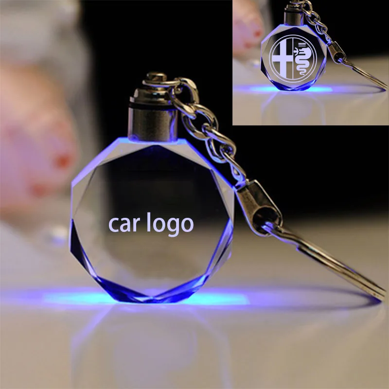 Crystal Crafts With Changing Colorful LED Light Laser Engraved DIY Car Key Chain for benz bwm alfa romeo Ford abarth