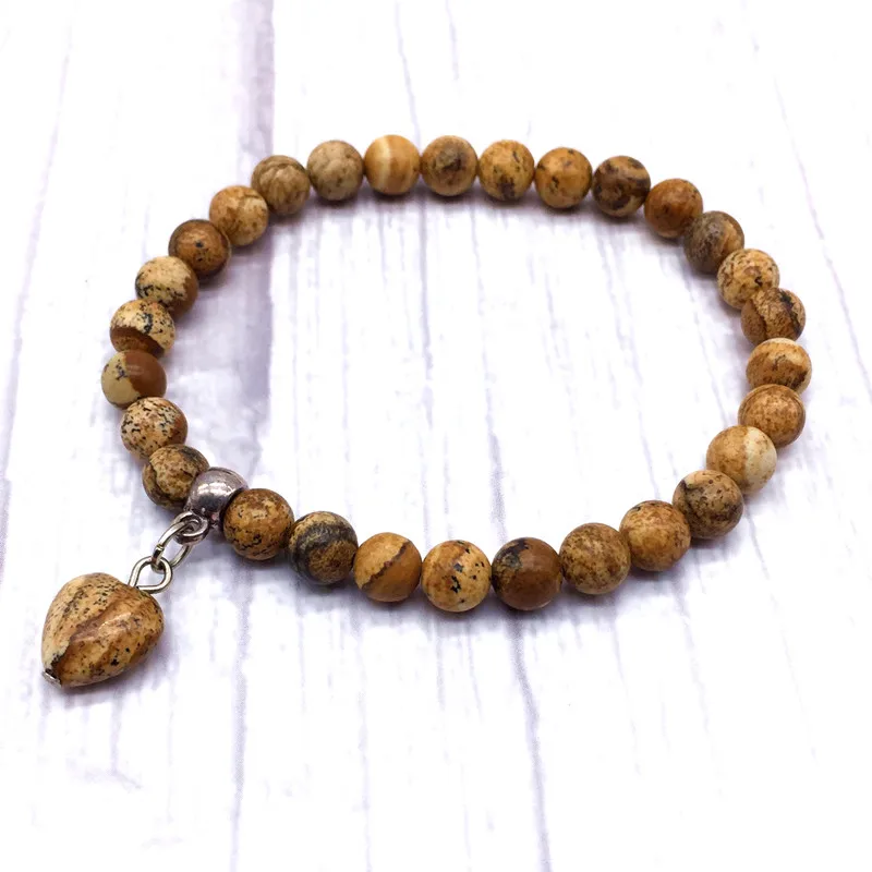 Heart Charm Bracelet 6 mm Nature Picture Jaspers Stone Bead Women Bracelets Girls Gift New Jewelry | Украшения и аксессуары