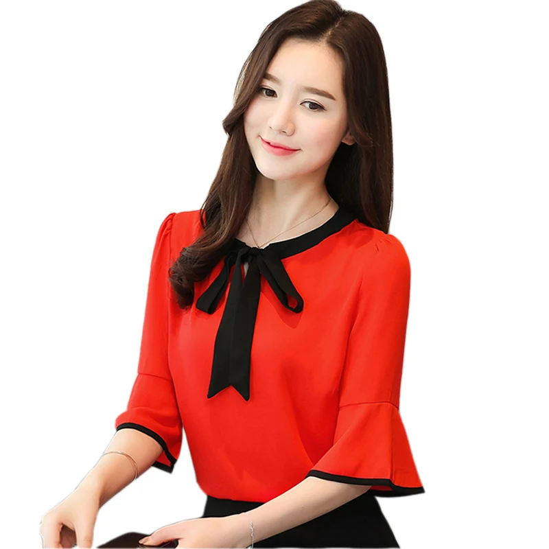 

Chiffon Shirt Spring Summer 2018 Chiffon Blouse Shirt Women's Tops Short-sleeved Blouses Bowknot Korean Speaker Sleeve Shirt