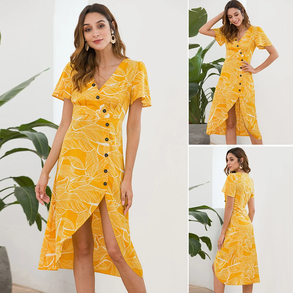 2019 Sundress Ladies Holiday Summer Dress V Neck Casual Short Sleeves Beach Buttons Slim Dresses | Женская одежда