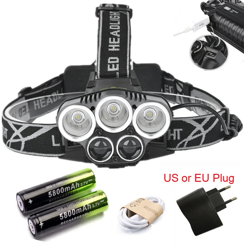 

20000Lm LED Head lamp XM-L 3T6+2Q5 White light 5 Modes Headlamp Headlight Camping Head Torch lamp+battery+USB Charger US/EU Plug