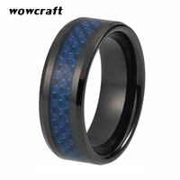 8mm tungsten wedding band for men black plated with beveled edges engagement ring blue carbon fiber inlay comfort fit