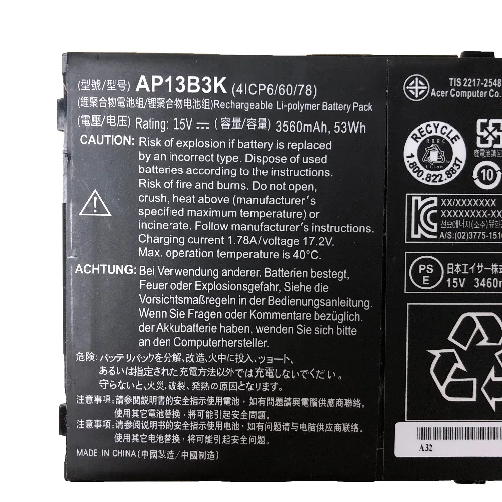 Новая Оригинальная батарея для ноутбука 15 в 53 Вт/3560 мАч AP13B3K|battery for acer aspire|battery