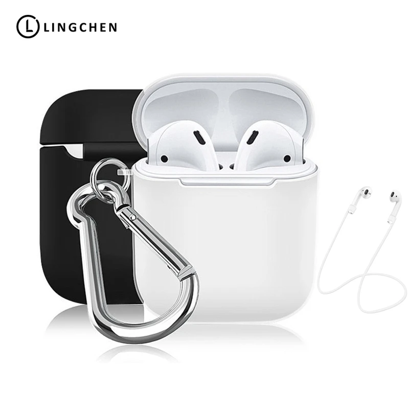 Матовый чехол LINGCHEN для наушников Apple Airpods с ремешком мягкий силиконовый защитный