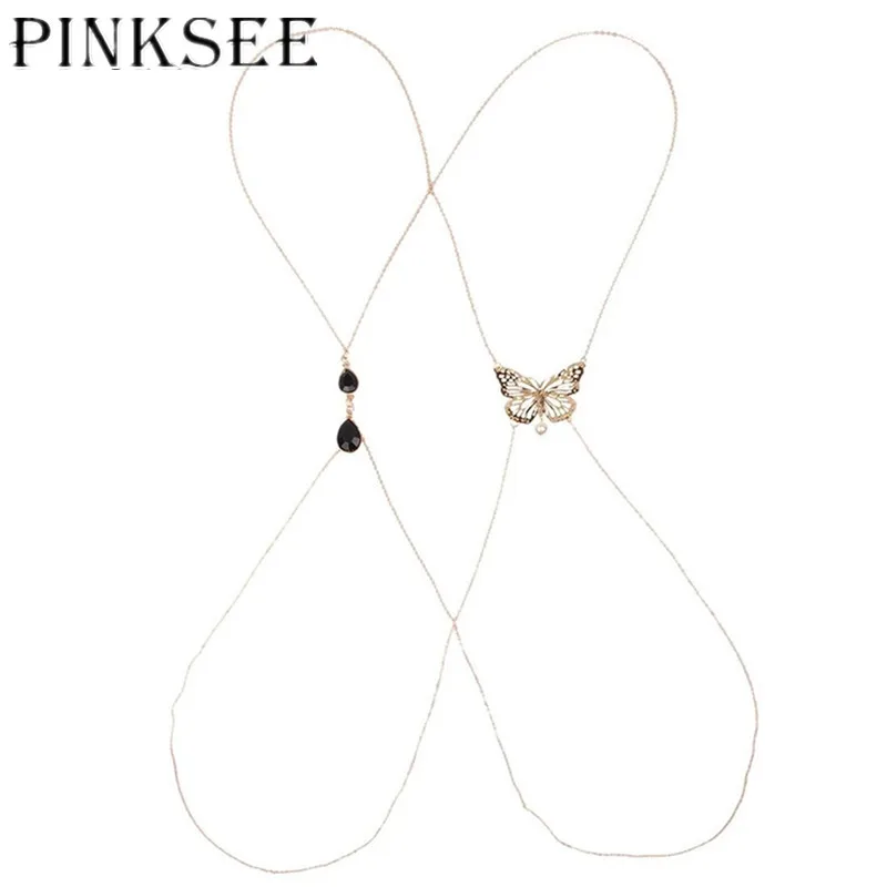 PINKSEE 1 шт. золото Цвет водослива Кристалл Buterfly прелести тела цепи Для женщин