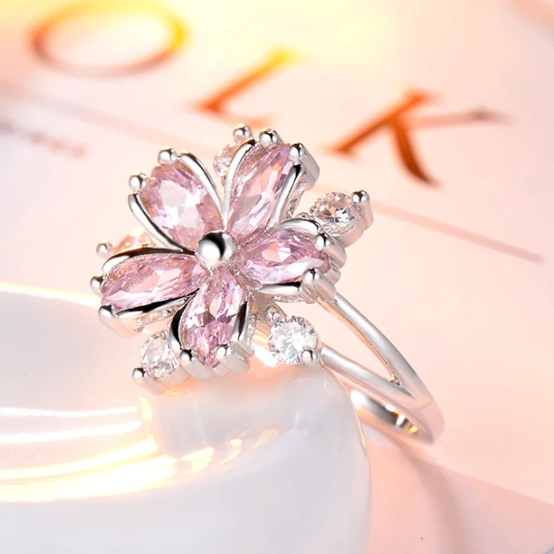 Женское кольцо розовый белый цветок со стразами роскошное ювелирное изделие