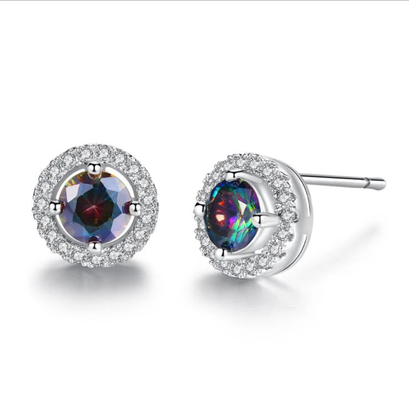 

KOFSAC Hot New 925 Silver Stud Earrings For Women Simple Multicolor Crystal Shiny CZ Round Earring Jewelry Valentine's Day Gifts