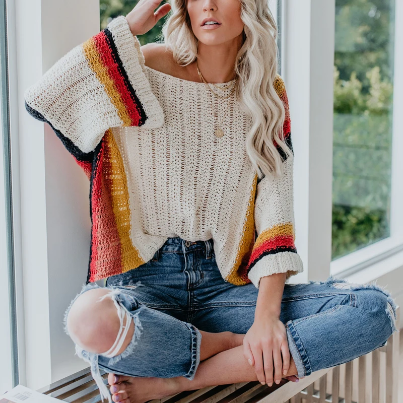 Newest Summer 2019 Rainbow Striped Sweaters Women Beach Cover Ups Autumn Fashion Oversized Loose Pullover Jumper Femme Knitwear | Женская