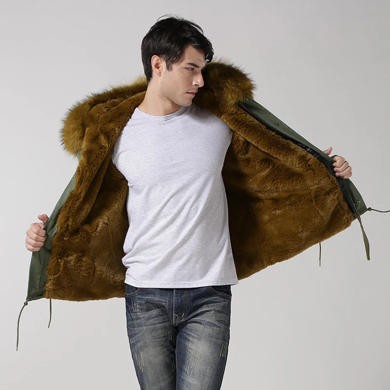 

Faux Fur Lining Male Winter Coat With Big Raccoon Fur Hood Wholesale Price