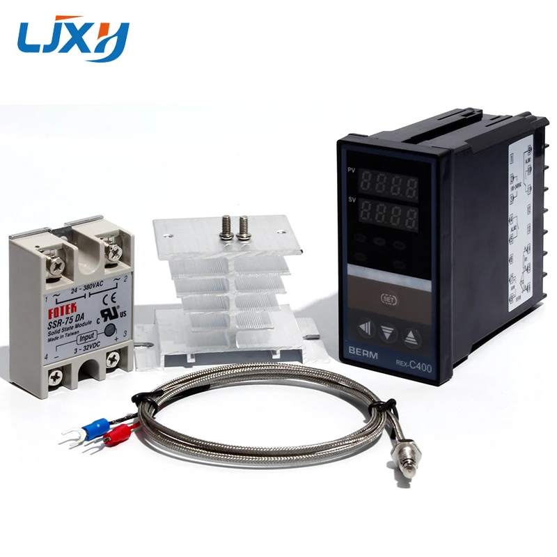 75DA SET LJXH двойной цифровой PID контроллер температуры REX-C400+ 25DA/40DA/75DA твердотельное реле+ 1 м M6 резьба K термопары+ радиатор - Цвет: 75DA SET