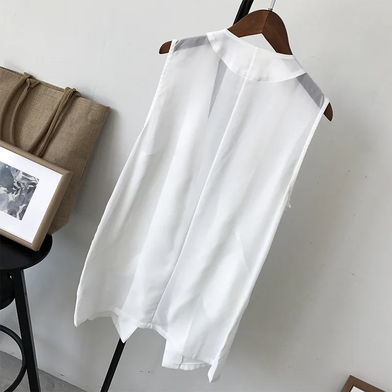 Сверхтонкий женский шифоновый жилет кардиган без рукавов с карманами длинный