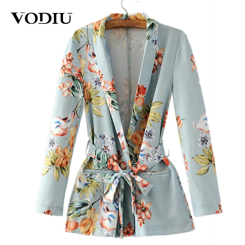 Женский винтажный пиджак с цветочным принтом повседневный поясом и длинными