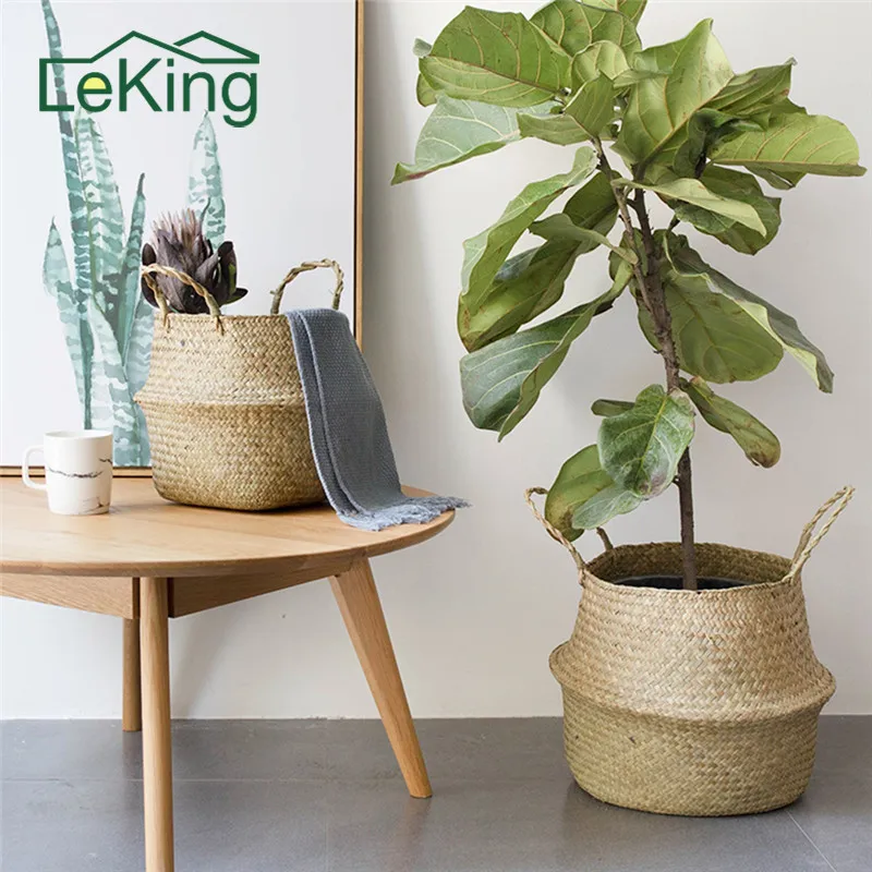 Storage Basket Rattan Straw Wicker Seagrasss Folding Flower Pot Vase Home Planter Organization|pot planter|flower potpot flower |