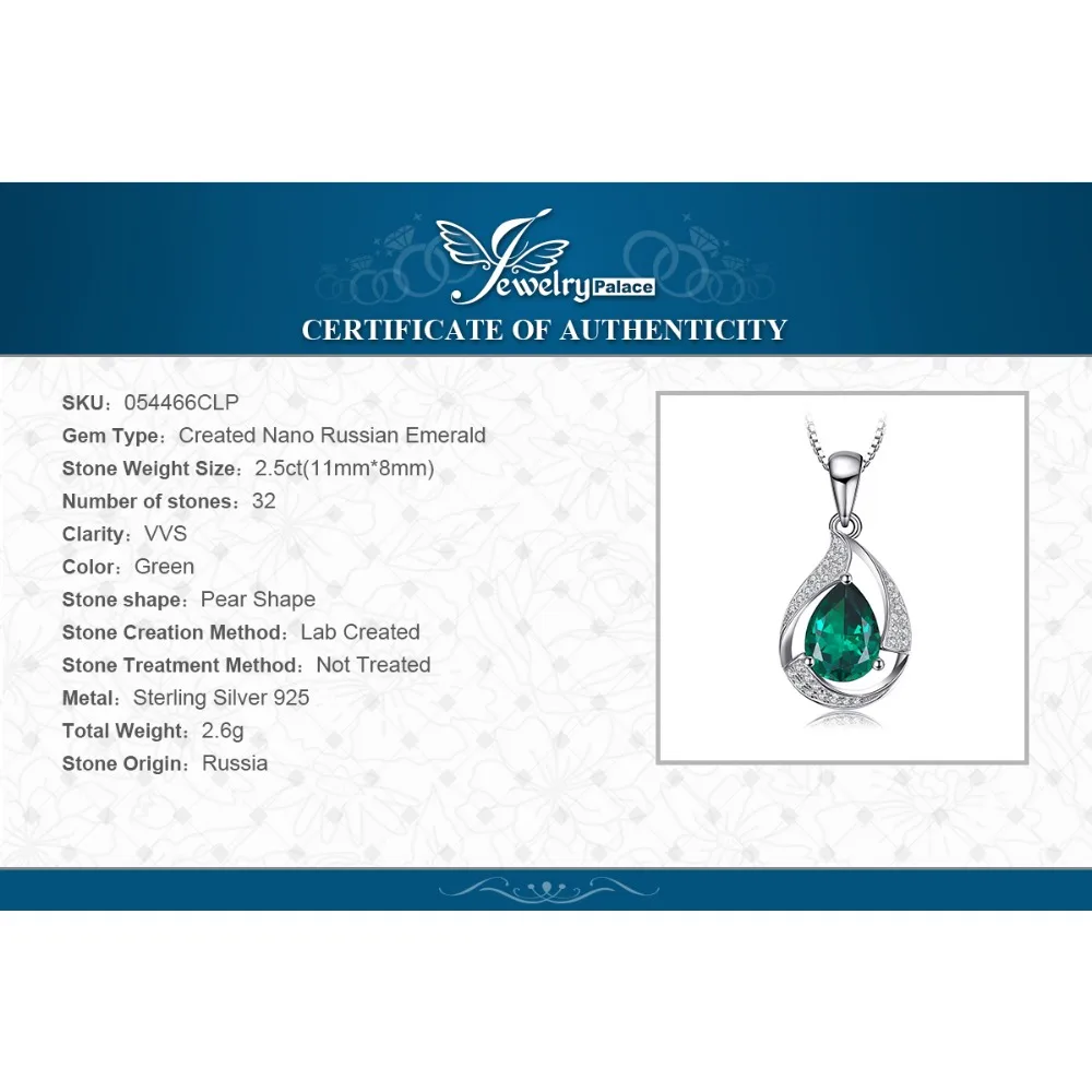 Jpalace 3ct Simulated Nano Emerald Pendant Necklace 925 Sterling Silver Gemstones Choker Statement Women No Chain | Украшения и