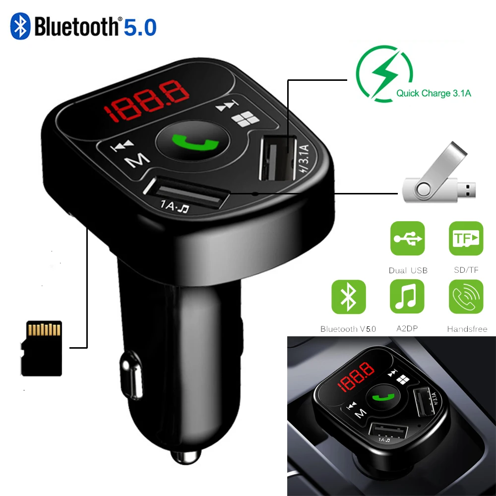 Автомобильный комплект, fm-передатчик, Bluetooth 5,0, Автомобильный MP3 Радио модулятор, трансмисор с двойным USB зарядным устройством, 3.1A, быстрая зарядка, Handsfree DY400
