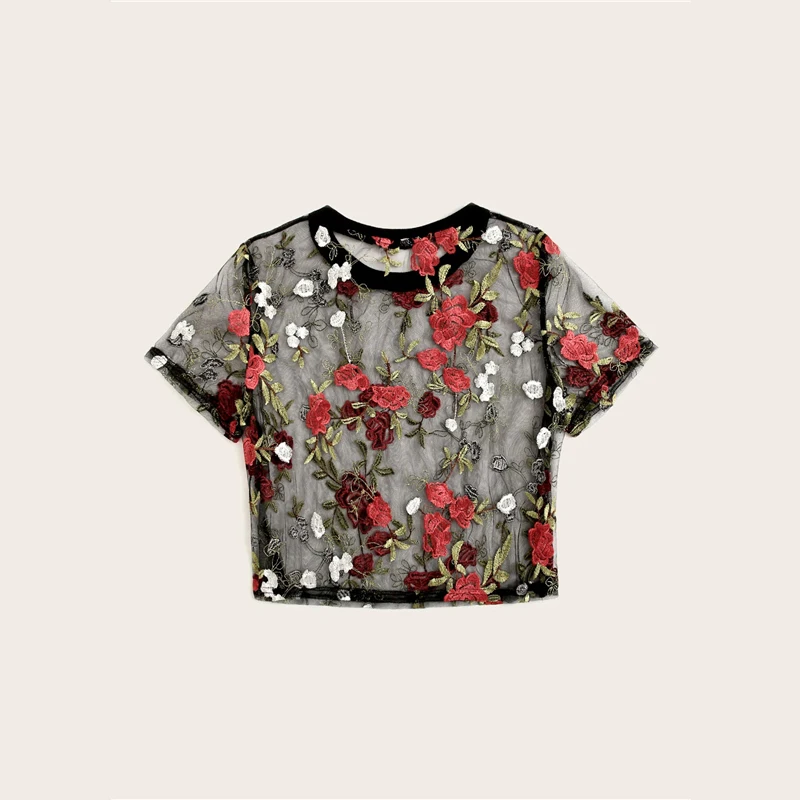 SweatyRocks Цветочный вышитый укороченный сетчатый топ с коротким рукавом и круглым вырезом, уличная одежда, сексуальные прозрачные топы, модные летние повседневные блузки