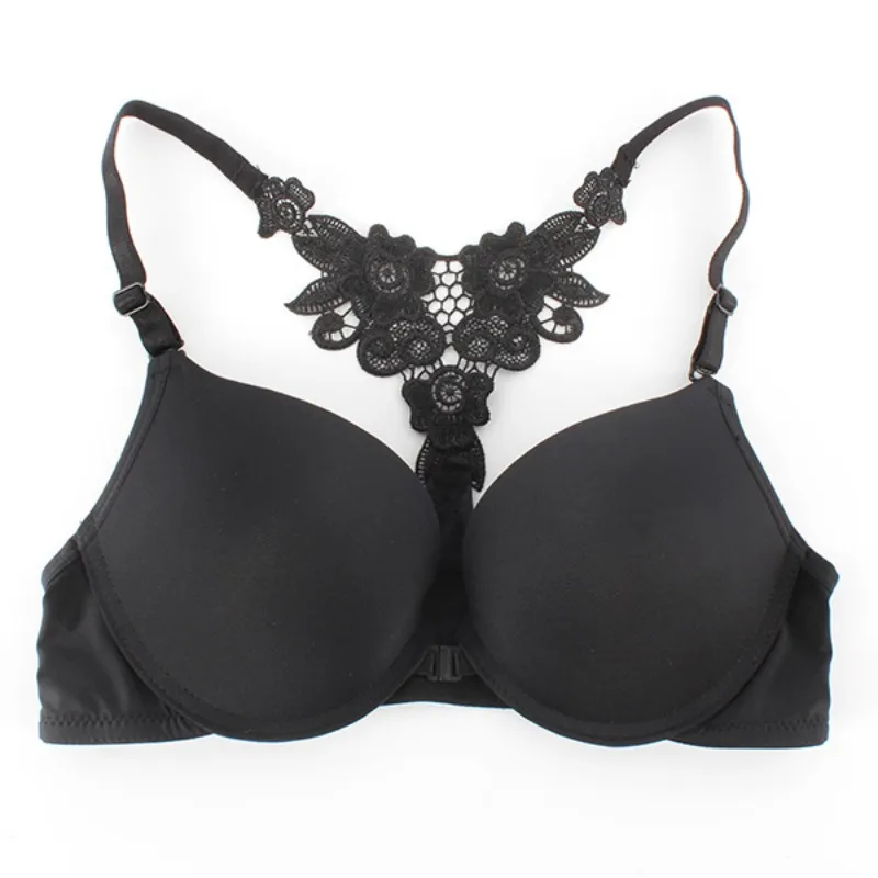 

Sexy Lace Straps Racer Back Push Up Bra Embroidery Brassieres Women Front Closure Cotton Convertible Y-line Straps Bras