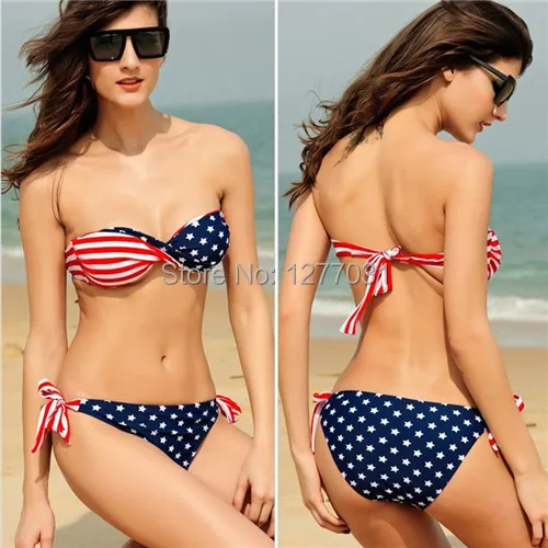 50pcs Sexy Bikini Sets American Flag Swimwear Women's Bar Swimming underwear Halter Swimsuits Fashion Beach |