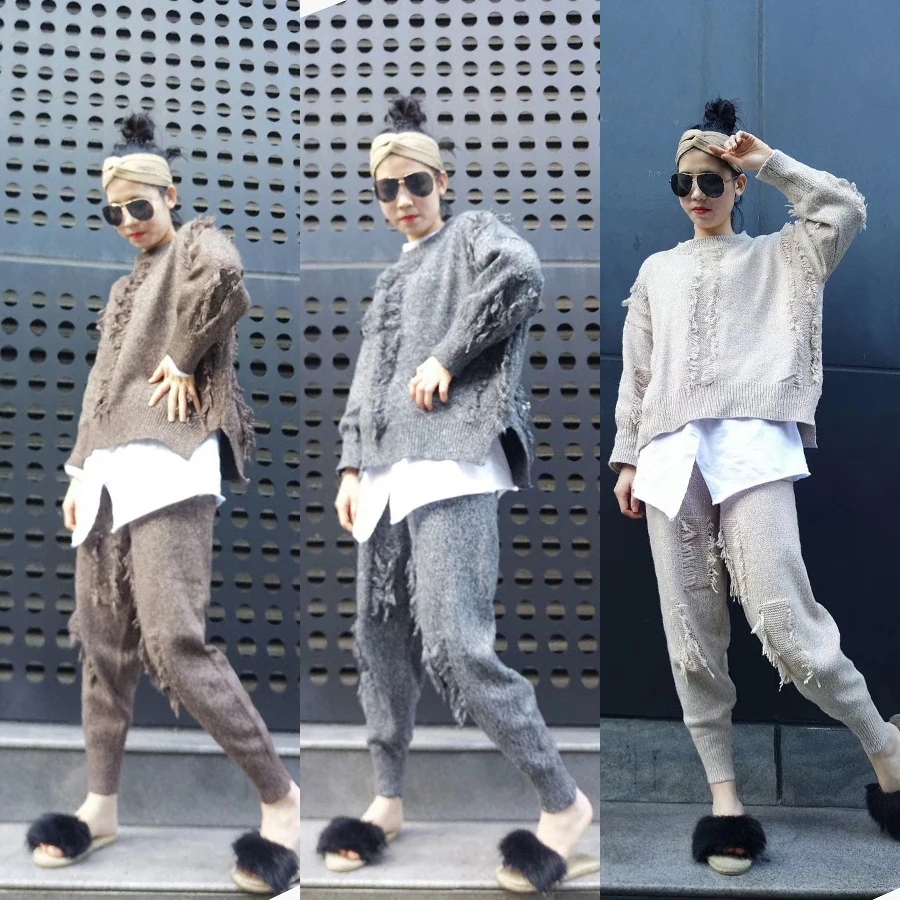 

2020 Fashion Limited Blends Full Knit Suit Female New Loose Hole Tassel Sweater Harlan Feet Pants Knitted Two-piece Women