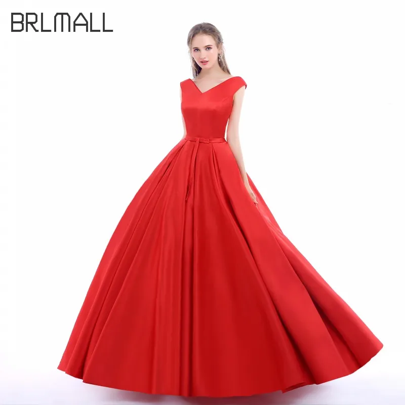 BRLMALL Simple Sleeveless Red A Line Prom Dresses Party Gown Crew Bow Satin Sweep Train Evening Formal Dress robe de soiree | Свадьбы и