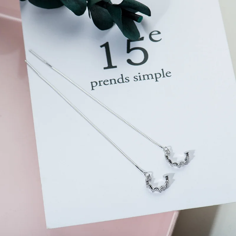 Crystal Wave Moon Bar Long Chain Threader Earrings Or Ear Wrap Climber Clip Two Wearing 925 Sterling Jewelry | Украшения и