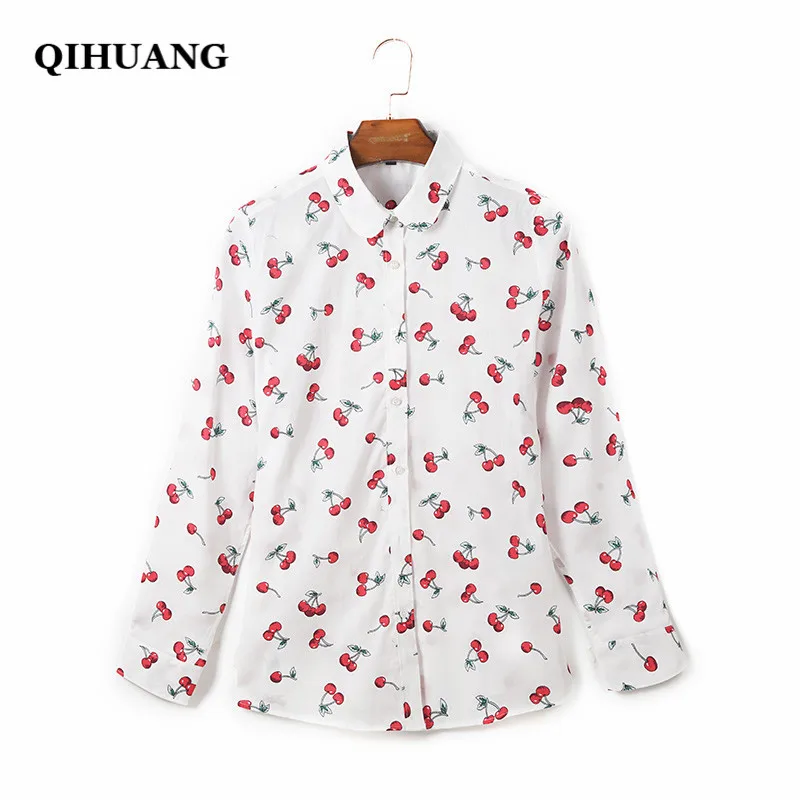 QIHUANG 2019 Fashion Women Blouse Cotton Cherry Print Long Sleeve Whiter Shirt Plus Size 5XL Tops and Blouses Streetwear | Женская
