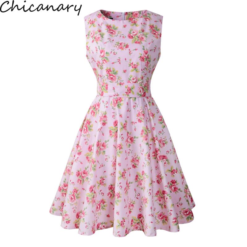 Chicanary Floral Printed Vintage Dresses Sleeveless Audrey Hepburn Ladies O-Neck Party Swing Dress Plus Size Vestidos | Женская одежда