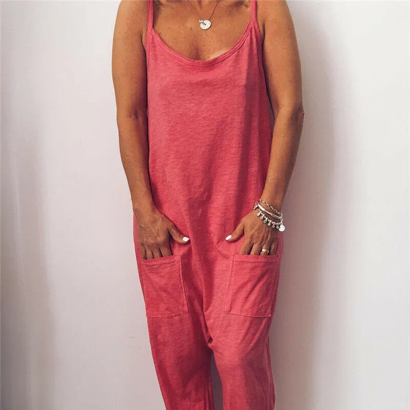 Women Casual Solid Pockets Loose Sleeveless Jumpsuit Lady Summer Spaghetti Strap Bodysuit New Fashion Style | Женская одежда