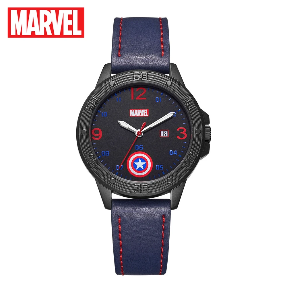 MARVEL Captain America Children Quartz Watch Leather Band Boy Wristwatch Teen Fashion Style Time Kids Gift Avengers Man Clocks