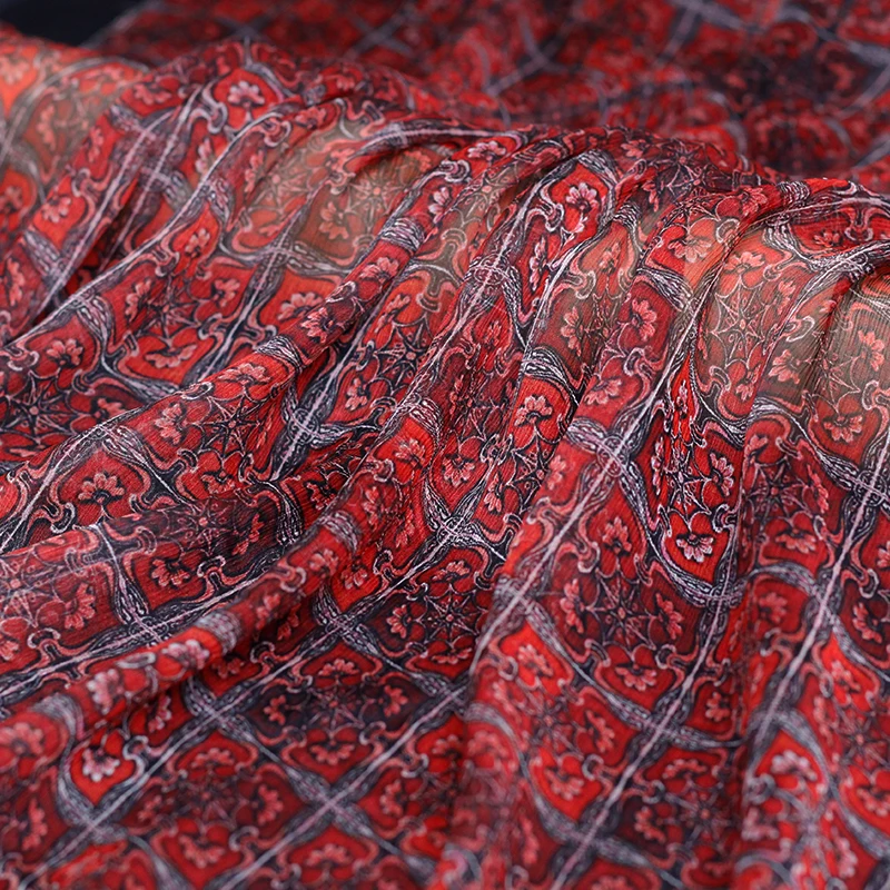 Pearlsilk 5momme красного цвета с цветочным принтом морщинка шифон шелк тутового шелкопряда материалов летнее платье DIY Одежда ткани