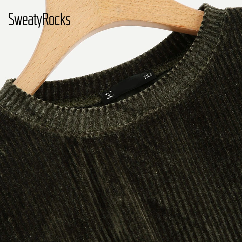 SweatyRocks, армейский зеленый ребристый бархатный свитер с длинным рукавом и круглым вырезом, одежда для активного отдыха, пуловеры, осенние женские повседневные толстовки