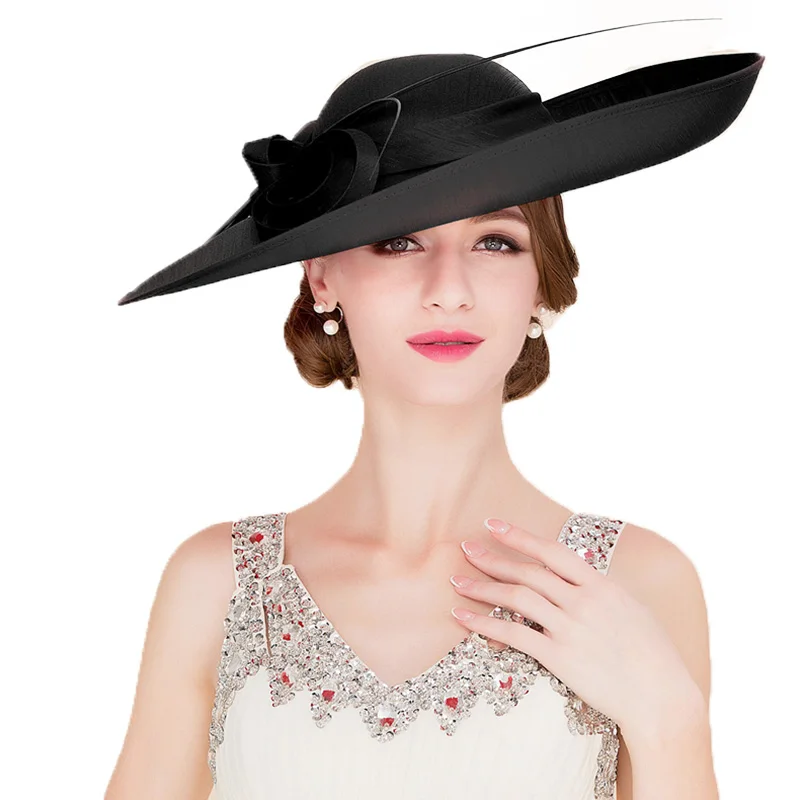 Black Church Hat Королевский красный женский свадебный головной убор женские черные Большие большой край Кентукки Дерби шляпы-федоры для посещения церкви вечерние платья Sinamay шляпа - Цвет: Black Church Hat