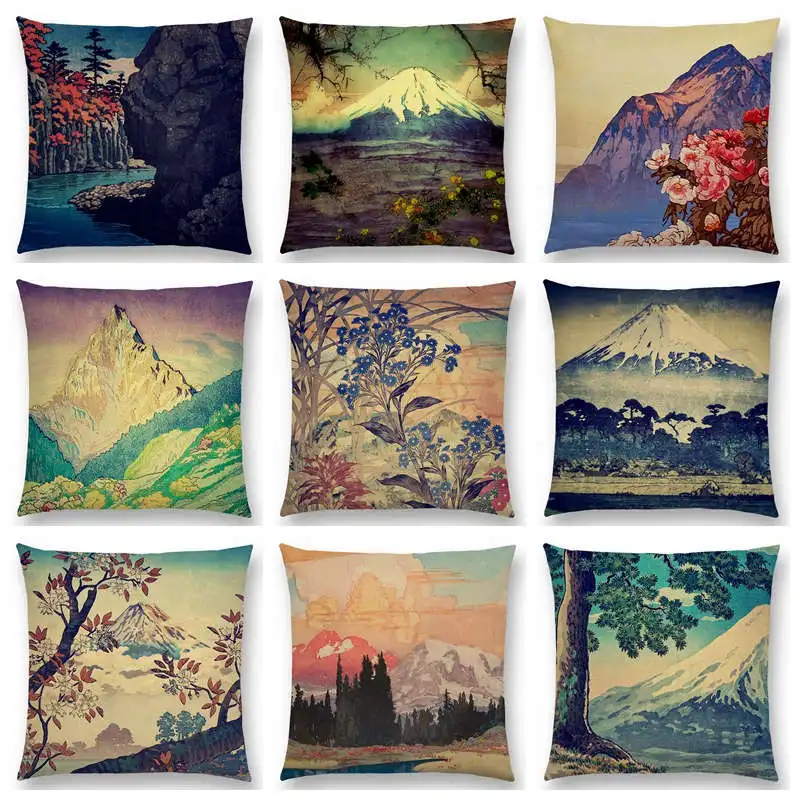 Buy Japanese Style Landscape Painting Cushion Cover Four Seasons Nature Scenery Fuji Mountains Trees Rivers Sea Sofa Pillow Case on
