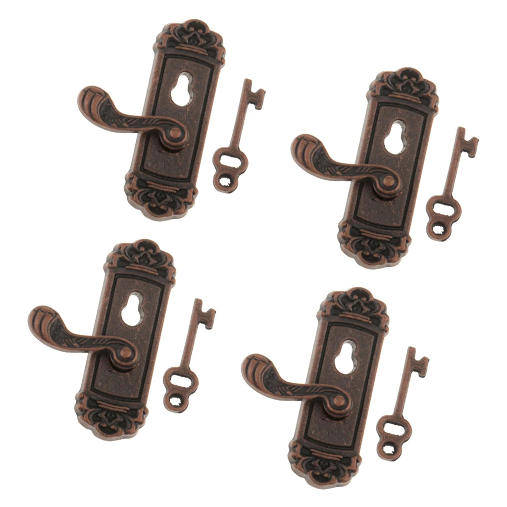 

4 Pcs 1:12 Vintage Metal Door Knob Plate Keys Dollhouse Miniature DIY Scene Right Handle w/ Keys Pretend Play Toy