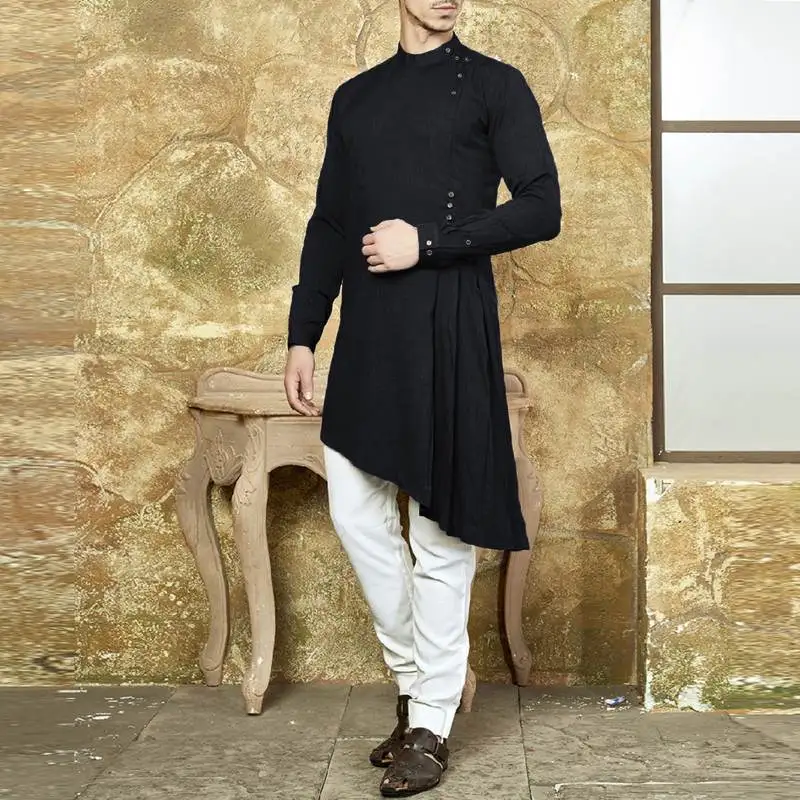 Chic Islamic Suit Dress Men Shirt Long Sleeve Muslim Asymmetric Hem Kaftan Aaudi Arabia Indian Men Tops Clothing Robe