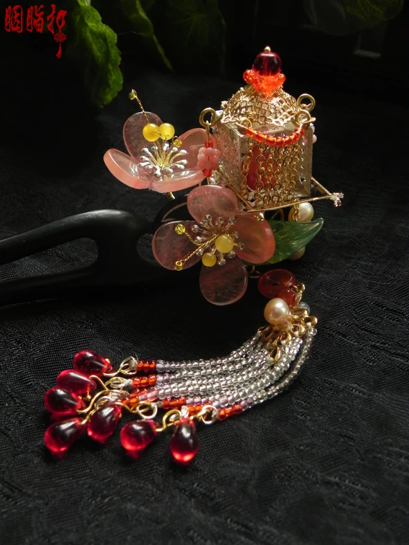 Black Sanderwood Ancient Chinese Sedan Pink Crystal Petal Ebony classical hair stick YueYe Delicate Hair Stick Pure Handmade