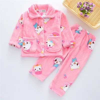 Pijama infantil inverno; детский пижамный комплект из кораллового флиса; пижама с принтом для маленьких мальчиков и девочек; детская фланелевая одежда для сна; пижамы для младенцев - Цвет: Pink Cat Pajamas