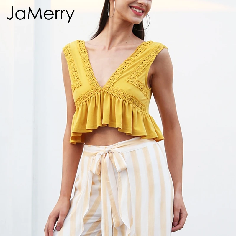JaMerry Sexy V средства ухода за кожей шеи кружево мини укороченный футболки для женщин