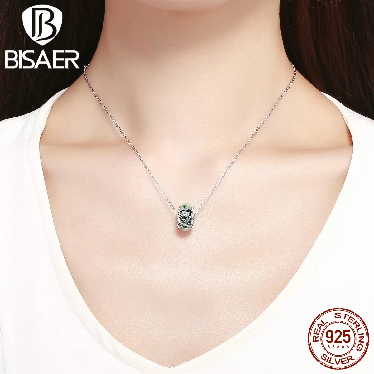BISAER High Quality 925 Sterling Silver Cyan Flower European Glass Beads Perles fit Charms Bracelets DIY Jewelry Making ECC1011 | Украшения
