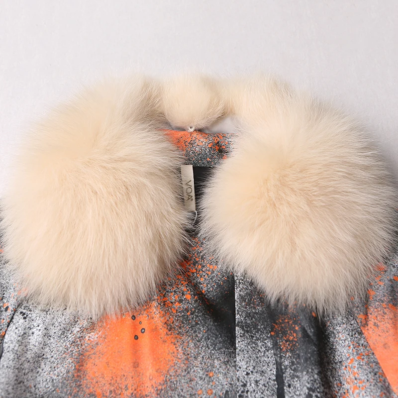 Женская парка VOA длинная облегающая с лисьим мехом на ремне принтом M6302 2018 | одежда