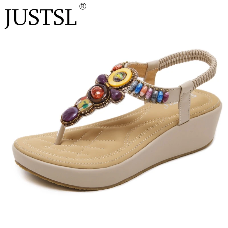 Богемные сандалии JUSTSL для женщин босоножки на танкетке с бусинами большие