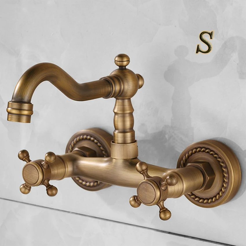 

Basin Faucets Antique Brass Wall Mounted Kitchen Bathroom Sink Faucet Dual Handle Swivel Spout Hot Cold Water Tap with tow pipe