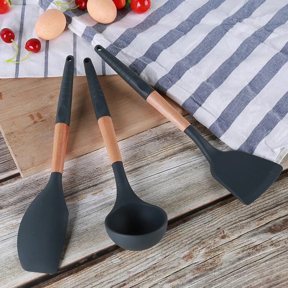 Черная силиконовая деревянная лопатка 9 видов термостойкая ложка для супа