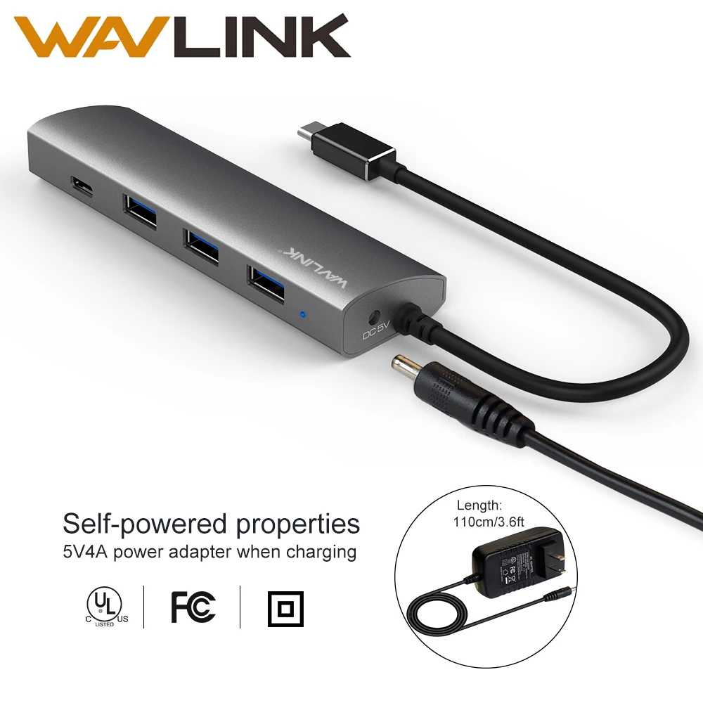 Высокоскоростной хаб Wavlink USB 3 1 Type C с 4 портами 5 Гбит/с алюминиевый несколькими USB-C