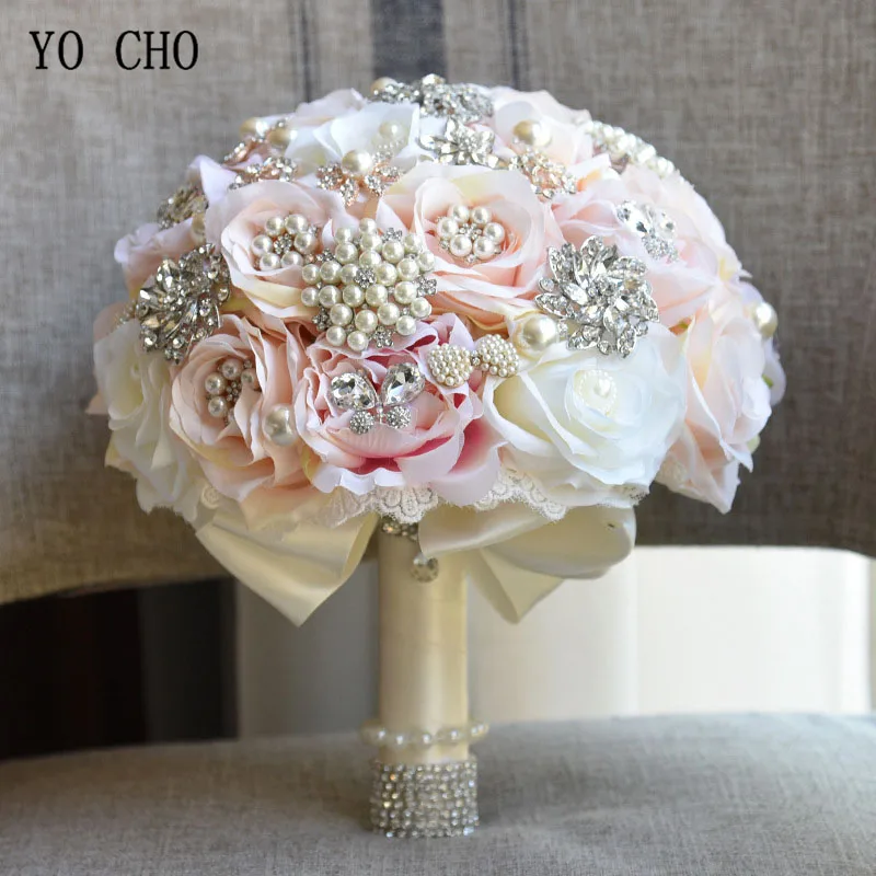 YO CHO Bride Wedding Bouquet Bridesmaid Rose Posy Flowers Round Artificial Luxurious Silk Bouquet Crystal Pearl Wedding Supplies